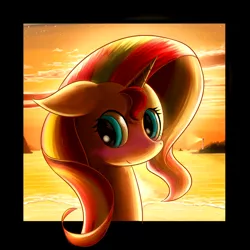 Size: 1000x1000 | Tagged: safe, artist:phoenixperegrine, derpibooru import, sunset shimmer, pony, unicorn, backlighting, cute, female, floppy ears, lighthouse, mare, ocean, shimmerbetes, solo, stars, sunset, water