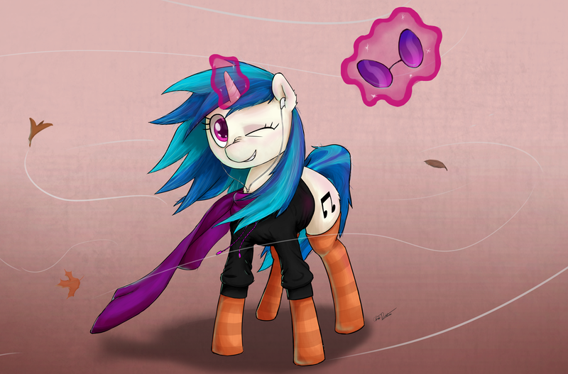 Size: 3180x2093 | Tagged: artist:levliothon, autumn, clothes, derpibooru import, earbuds, levitation, magic, one eye closed, safe, scarf, socks, solo, striped socks, sunglasses, sweater, telekinesis, vinyl scratch, wind, wink