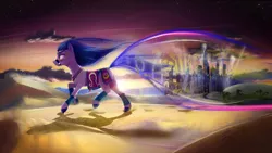 Size: 2560x1439 | Tagged: safe, artist:discordthege, derpibooru import, amira, earth pony, pony, saddle arabian, arabic, backlighting, city, cloud, desert, running, saddle arabia, sand, scenery, signature, sky, solo, stars, twilight (astronomy)