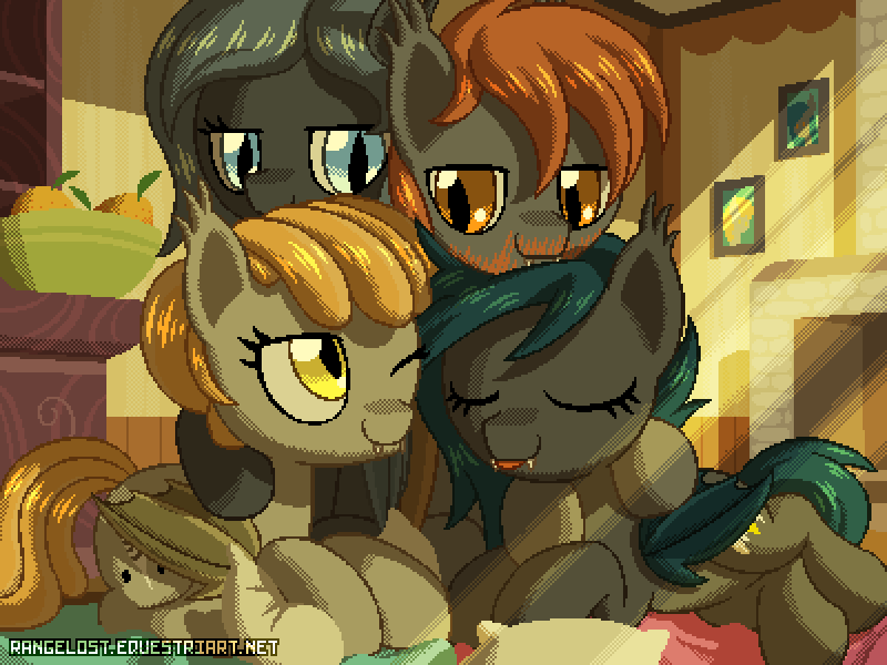 Size: 800x600 | Tagged: safe, artist:rangelost, derpibooru import, oc, oc:angel tears, oc:brick kindler, oc:luca, oc:speck, unofficial characters only, bat pony, pony, angelkindler, crepuscular rays, cuddle puddle, cuddling, pixel art, pony pile, tongue out