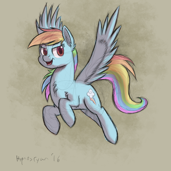 Size: 1700x1700 | Tagged: safe, artist:hypno, derpibooru import, rainbow dash, chest fluff, colored sketch, flying, solo