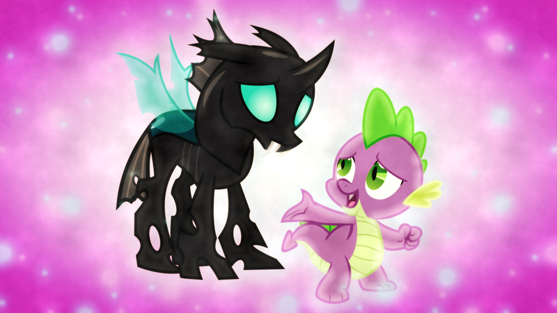 Size: 1600x900 | Tagged: a changeling can change, artist:sailortrekkie92, artist:uponia, best friends, changeling, derpibooru import, fangs, safe, singing, song, song reference, spike, the times they are a changeling, thorax, vector, wallpaper