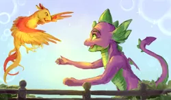 Size: 4000x2335 | Tagged: artist:cuttledreams, awesome in hindsight, beautiful, best friends, derpibooru import, dragon, duo, fence, floating, heartwarming in hindsight, hilarious in hindsight, majestic, male, older, older spike, peewee, phoenix, safe, spike, winged spike