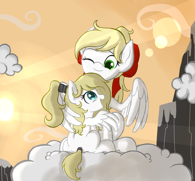 Size: 4000x3700 | Tagged: safe, artist:lemon, derpibooru import, oc, oc:kyrie, oc:luftkrieg, unofficial characters only, pegasus, pony, aryan, aryan pony, blonde, bow, cloud, cute, day, duo, female, filly, foal, high res, hug, looking at each other, looking down, looking up, mare, mother and daughter, mountain, nazipone, one eye closed, outdoors, ponytail, rear view, ribbon, sitting, sitting on cloud, sky, smiling, spread wings, winghug, wink