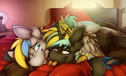Size: 3591x2178 | Tagged: safe, artist:ralek, derpibooru import, oc, oc:cirrus sky, oc:electro current, unofficial characters only, hippogriff, original species, unicorn, bedroom, bedroom eyes, cirrent, cuddling, cute, digital multimeter, explicit source, hug, male, oc x oc, on bed, plasma ball, shipping, smiling, snuggling, straight, talons, tongue out, winghug