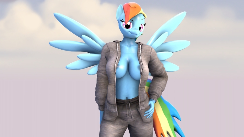 Size: 1920x1080 | Tagged: 3d, anthro, areola, areola slip, artist:phantim, bedroom eyes, belly button, big breasts, breasts, busty rainbow dash, cleavage, clothes, derpibooru import, female, grin, hoodie, looking at you, nipples, nudity, open clothes, pants, plantigrade anthro, questionable, rainbow dash, raised eyebrow, smiling, solo, solo female, source filmmaker, source needed, spread wings, sweatpants