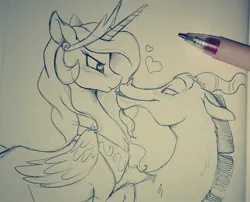 Size: 1280x1036 | Tagged: safe, artist:stepandy, derpibooru import, discord, princess celestia, blushing, dislestia, heart, heart eyes, male, shipping, sketch, straight, traditional art, wingding eyes