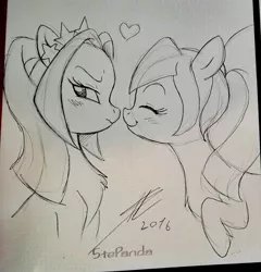 Size: 1229x1280 | Tagged: safe, artist:stepandy, derpibooru import, aria blaze, sonata dusk, ponified, arisona, blushing, female, heart, image, jpeg, lesbian, shipping, sketch, traditional art, tsundaria, tsundere