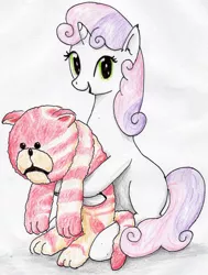 Size: 1847x2441 | Tagged: safe, artist:40kponyguy, derpibooru import, sweetie belle, pony, unicorn, bag puss, crossover, fat cat, looking at you, simple background, traditional art, white background