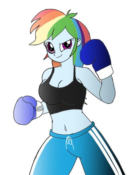 Size: 788x1013 | Tagged: suggestive, artist:toyminator900, derpibooru import, rainbow dash, equestria girls, belly button, boxing, boxing gloves, breasts, busty rainbow dash, cleavage, clothes, female, midriff, pants, raised eyebrow, simple background, solo, solo female, sports bra, sweatpants, transparent background