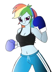 Size: 788x1013 | Tagged: suggestive, artist:toyminator900, derpibooru import, rainbow dash, equestria girls, belly button, boxing, boxing gloves, breasts, busty rainbow dash, cleavage, clothes, female, midriff, pants, raised eyebrow, simple background, solo, solo female, sports bra, sweatpants, transparent background