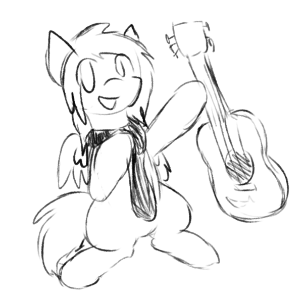 Size: 898x898 | Tagged: safe, artist:candel, derpibooru import, oc, oc:candlelight, unofficial characters only, pony, clothes, cute, guitar, monochrome, scarf, sketch, smiling, solo