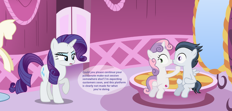 Size: 1293x618 | Tagged: artist:lunaticdawn, caught, cutie mark, derpibooru import, dialogue, interrupted, kissing, making out, male, rarity, rumbelle, rumble, safe, shipping, show accurate, straight, sweetie belle, the cmc's cutie marks