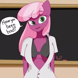 Size: 2000x2000 | Tagged: suggestive, artist:redprep, derpibooru import, cheerilee, anthro, earth pony, bra, breasts, bronybait, chalkboard, clothes, dialogue, female, looking at you, solo, solo female, speech bubble, unbuttoned, underwear