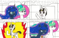 Size: 3382x2174 | Tagged: artist:eternaljonathan, comic, comic:a new twist, derpibooru import, fire, guardian, horn ring, oc, oc:nemo, princess celestia, princess luna, royal sisters, safe, traditional art