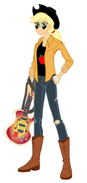 Size: 1408x2952 | Tagged: safe, artist:nuvaprime, derpibooru import, applejack, equestria girls, alternate costumes, bass guitar, boots, clothes, cowboy boots, cowboy hat, hat, musical instrument, pants, shoes, simple background, solo, torn clothes, transparent background, vector