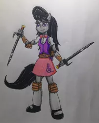 Size: 2050x2535 | Tagged: safe, artist:bozzerkazooers, derpibooru import, octavia melody, equestria girls, clothes, dual wield, elbow pads, knee pads, mary janes, necktie, ninja, ponied up, skirt, socks, solo, sword, traditional art, weapon