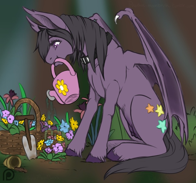 Size: 2000x1864 | Tagged: questionable, artist:lining1306, artist:phathusa, color edit, derpibooru import, edit, oc, oc:wallflower, unofficial characters only, bat pony, pony, basket, bat pony oc, collar, colored, crotchboobs, female, flower, mouth hold, nipples, nudity, patreon, patreon logo, solo, solo female, teats, unshorn fetlocks, watering, watering can