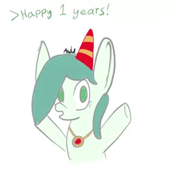 Size: 500x500 | Tagged: amulet, artist:axisthechangeling, colt quest, cute, derpibooru import, hair over one eye, happy, hat, oc, oc:emerald jewel, party hat, safe, solo, unofficial characters only