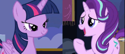 Size: 1108x480 | Tagged: safe, derpibooru import, edit, edited screencap, screencap, starlight glimmer, twilight sparkle, twilight sparkle (alicorn), alicorn, pony, unicorn, to where and back again, animated, banner, blinking, book, box, candle, cropped, cute, female, gif, glimmerbetes, mare, mountain, painting, raised hoof, smiling, stairs, talking, twiabetes, twilight's castle