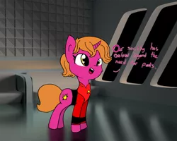 Size: 4162x3336 | Tagged: safe, artist:thepristineeye, artist:tjpones, color edit, derpibooru import, edit, oc, unofficial characters only, pony, unicorn, 3d, blender, colored, crossover, cycles, dialogue, solo, star trek, star trek: the next generation, ten forward, uss enterprise, uss enterprise d, we don't normally wear clothes