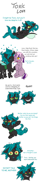 Size: 1102x5126 | Tagged: safe, artist:jolliapplegirl, derpibooru import, oc, oc:sirius veil, oc:toxic love, unofficial characters only, changeling, pony, unicorn, changeling oc, foal, next generation, offspring, parent:mane-iac, parent:queen chrysalis, parents:mane-salis, smooch