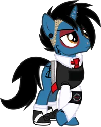 Size: 1074x1347 | Tagged: safe, artist:lightningbolt, derpibooru import, ponified, pony, unicorn, .svg available, armband, belt, clothes, crossed hooves, ear piercing, earring, emo, eyeshadow, frank iero, horn piercing, indifferent, jewelry, lip piercing, makeup, male, messy hair, my chemical romance, necktie, nose piercing, piercing, raised hoof, shaved, shirt, shoes, simple background, sneakers, socks, solo, stallion, svg, tattoo, three cheers for sweet revenge, transparent background, undercut, undershirt, vector, vest