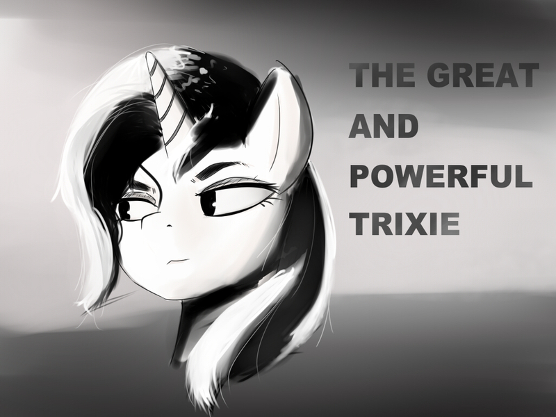 Size: 1024x768 | Tagged: safe, artist:periodicbrony, derpibooru import, trixie, pony, unicorn, bust, grayscale, monochrome, noir, solo