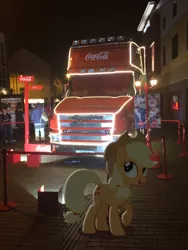 Size: 2448x3264 | Tagged: safe, artist:harpycross, derpibooru import, applejack, earth pony, human, pony, coca-cola, female, hat, irl, lights, mare, night, photo, photoshop, ponies in real life, scania, solo, town, truck, vector, window