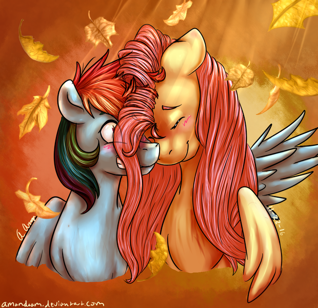 Size: 1112x1076 | Tagged: safe, artist:amandaam, derpibooru import, fluttershy, rainbow dash, autumn, blushing, eyes closed, female, flutterdash, grin, hug, leaves, lesbian, nuzzling, shipping, smiling, winghug