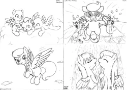 Size: 2325x1658 | Tagged: safe, artist:merkleythedrunken, derpibooru import, fluttershy, rainbow dash, scootaloo, oc, oc:nudie, pegasus, pony, dual wield, goggles, gun, hairless, monochrome, shower, sketch, weapon, wet mane