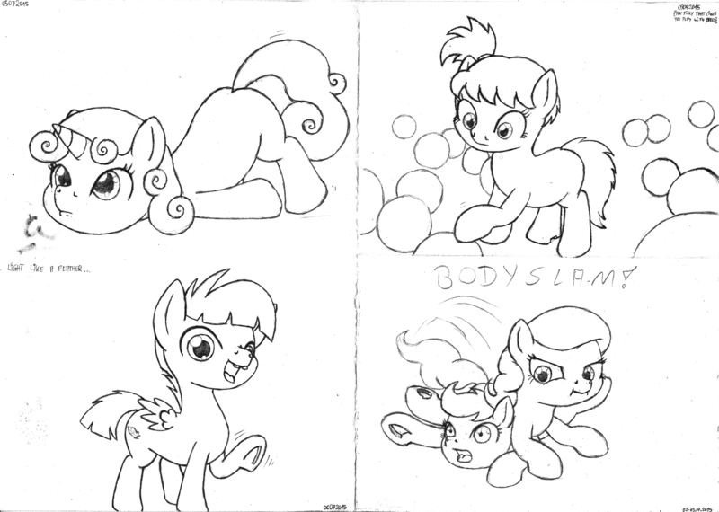 Size: 2330x1661 | Tagged: safe, artist:merkleythedrunken, derpibooru import, diamond tiara, featherweight, scootaloo, sweetie belle, oc, earth pony, pony, body slam, monochrome, sketch, sketch dump