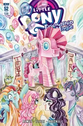 Size: 790x1199 | Tagged: safe, artist:sararichard, derpibooru import, idw, applejack, fluttershy, pinkie pie, rainbow dash, rarity, twilight sparkle, twilight sparkle (alicorn), alicorn, pony, spoiler:comic, spoiler:comic52, balloon, cassandra, clothes, cover, greek, greek clothes, laocoon, mane six, my little pony logo, reference, the iliad, toga, toga party, trojan horse, trojan pinkie, trojan pony, tunic