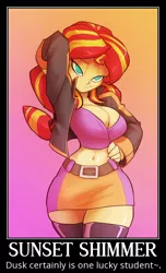 Size: 556x912 | Tagged: suggestive, artist:bigdad, derpibooru import, edit, sunset shimmer, equestria girls, arm behind head, bedroom eyes, belly button, belt, breasts, busty sunset shimmer, cleavage, clothes, curvy, duskshimmer, female, half r63 shipping, hand on waist, hourglass figure, implied dusk shine, implied shipping, jacket, leather jacket, male, midriff, motivational poster, raised eyebrow, skirt, socks, solo, solo female, straight, thigh highs, wide hips, zettai ryouiki