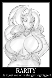 Size: 556x828 | Tagged: absolute cleavage, artist:bigdad, breasts, busty rarity, cleavage, derpibooru import, edit, female, fire ruby, horned humanization, human, humanized, monochrome, motivational poster, rarity, solo, suggestive