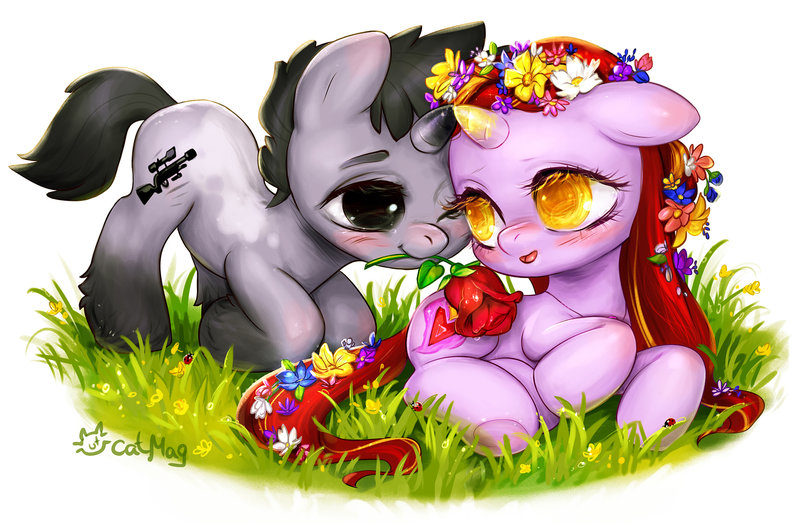 Size: 800x523 | Tagged: safe, artist:catmag, derpibooru import, oc, oc:amora, unofficial characters only, pony, unicorn, blushing, flower, grass, male, oc x oc, shipping, simple background, straight, white background