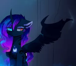 Size: 1280x1112 | Tagged: safe, artist:magnaluna, derpibooru import, princess luna, alicorn, pony, cheek fluff, chest fluff, curved horn, ear fluff, female, floppy ears, galaxy mane, heterochromia, lidded eyes, mare, slit eyes, solo