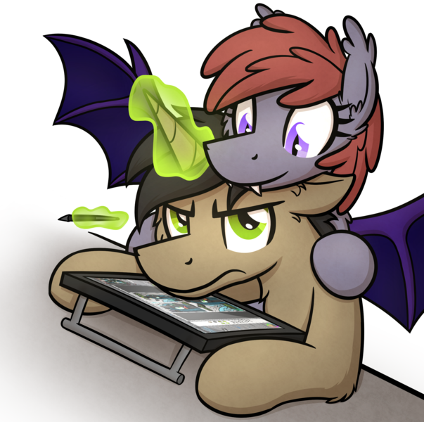 Size: 2265x2252 | Tagged: safe, artist:moemneop, derpibooru import, oc, oc:lukida, oc:neop, unofficial characters only, bat pony, pony, unicorn, female, magic, male, mare, stallion, tablet