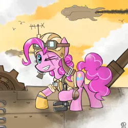 Size: 2048x2048 | Tagged: airship, artist:qzygugu, clothes, derpibooru import, goggles, grin, holding, hoof hold, jacket, looking at you, mechanic, one eye closed, part of a set, pilot helmet, pinkie pie, safe, scar, sky, smiling, solo, steampunk, technician, wink, wrench