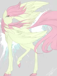 Size: 2481x3275 | Tagged: abstract background, artist:illustrativeauthor, cloven hooves, colored hooves, derpibooru import, fluttershy, head turn, looking away, looking back, looking up, raised hoof, safe, solo, spread wings, windswept hair, windswept mane