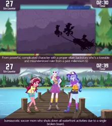 Size: 640x720 | Tagged: safe, derpibooru import, edit, edited screencap, screencap, gloriosa daisy, princess celestia, princess luna, cinemare sins, equestria girls, legend of everfree, luna eclipsed, boots, clothes, flower, flower in hair, hat, lifejacket, principal celestia, shoes, socks, vice principal luna