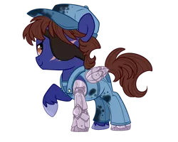 Size: 900x720 | Tagged: safe, artist:jadedjynx, derpibooru import, oc, oc:gear grind, unofficial characters only, cyborg, augmented, clothes, cute, eyepatch, hat, overalls, prosthetic limb, prosthetics, prosthetic wing, raised hoof, simple background, smiling, solo, transparent background
