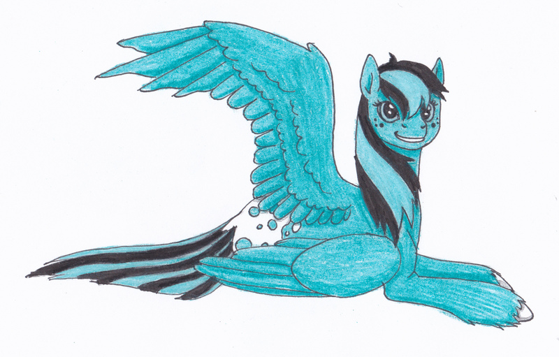 Size: 2343x1497 | Tagged: safe, artist:breadworth, derpibooru import, oc, oc:frost flake, unofficial characters only, pegasus, pony, appaloosa, looking at you, one wing out, prone, simple background, smiling, solo, traditional art, unshorn fetlocks