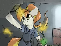 Size: 1033x779 | Tagged: safe, artist:sinrar, derpibooru import, oc, oc:greaser, unofficial characters only, pony, unicorn, fallout equestria, levitation, magic, maintenance, overalls, pipbuck, screwdriver, solo, technician, welder