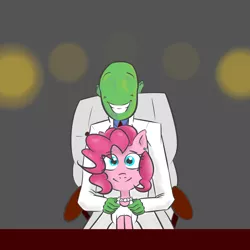 Size: 2000x2000 | Tagged: artist:friskybits, chair, clothes, cute, derpibooru import, dress, grin, human, jewelry, looking at you, mood lighting, necklace, oc, oc:anon, pearl necklace, pinkie pie, safe, sitting, smiling, suit
