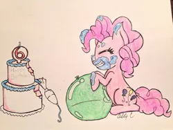 Size: 2048x1536 | Tagged: artist:monkeytsu, balloon, birthday, birthday cake, cake, derpibooru import, eating, eyes closed, food, giggling, pinkie pie, safe, solo, traditional art