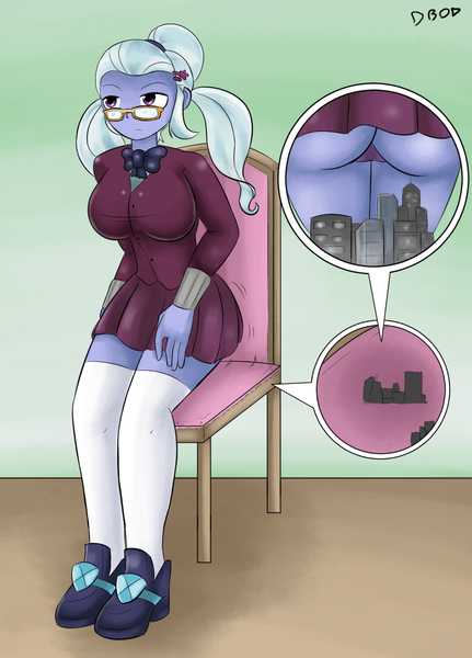 Size: 940x1310 | Tagged: questionable, artist:dinobirdofdoom, derpibooru import, sugarcoat, equestria girls, ass, breasts, busty sugarcoat, chair, cities in pony peril, city, clothes, female, glasses, micro, pigtails, pleated skirt, school uniform, shoes, sitting, skirt, socks, solo, solo female, sugarcheeks, thigh highs, tiny city, twilight messes with micro cities; teleportation spell goes awry, twintails, upskirt, wat, zettai ryouiki, zoom layer, zoomed in