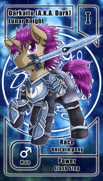 Size: 800x1399 | Tagged: safe, artist:vavacung, derpibooru import, oc, oc:darkaito, unofficial characters only, pony, unicorn, armor, character card, lunar knight, lunar republic, pactio card, raised hoof, sword in mouth