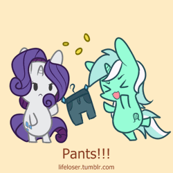 Size: 500x500 | Tagged: safe, artist:lifeloser, derpibooru import, lyra heartstrings, rarity, pony, angry face, animated, bipedal, clothes, coin, eyes closed, gif, hooves up, i like pants, meme, open mouth, pants, simple background, solo