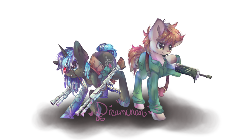 Size: 1024x576 | Tagged: safe, artist:dream--chan, derpibooru import, oc, oc:magic barrier, oc:short circuit, unofficial characters only, cyborg, earth pony, pony, unicorn, duo, gun, weapon